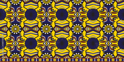 African wax print pattern. seamless beautiful Kitenge, chitenge, dutch wax, and Angara style. fashion design in colorful. blue botanical flower on yellow background. African Wax Print Fabric.