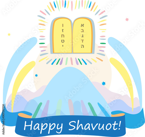 Happy Shavuot greeting card with traditional Jewish Holiday symbols. Torah Two tablets of the testimony with Ten commandments tablets of stone over the Mount Sinai, ribbon, religion elements poster