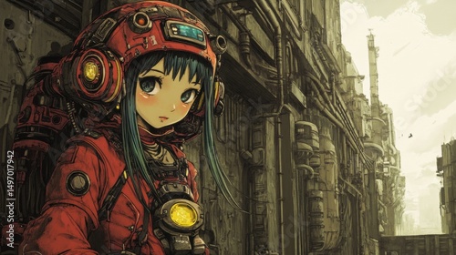 Asian Girl in Cyberpunk Outfit Posing in Grungy Industrial Urban Setting