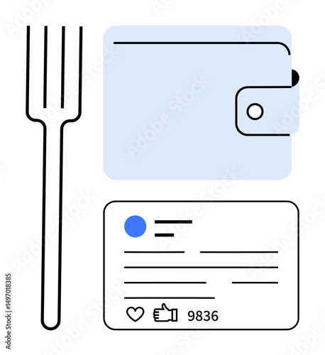 Fork symbolizing dining, wallet for finance, and social media card highlighting online engagement and popularity. Ideal for lifestyle, digital media, social interaction, e-commerce, marketing