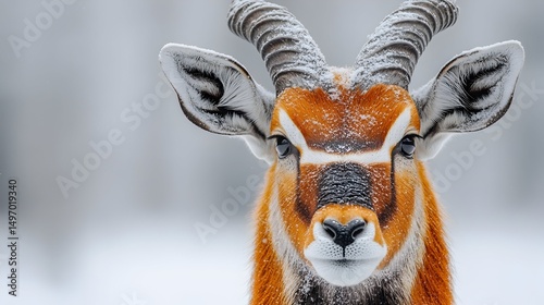 Close-up of a roan antelope's head and shoulders, covered in a light dusting of snow, against a blurred snowy background