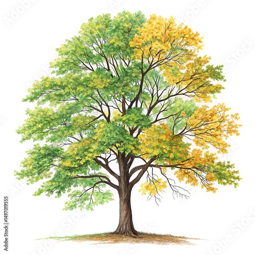 A vibrant illustration of a Beech Tree, showcasing its beautiful, colorful foliage, possibly in its autumn splendor. This tree is perfectly isolated on a white background