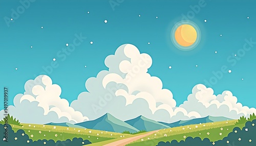 Scenic Sky and Land: A picturesque view of a sun-drenched landscape features fluffy clouds drifting across a vibrant blue sky, painting a scene of serenity and joy.