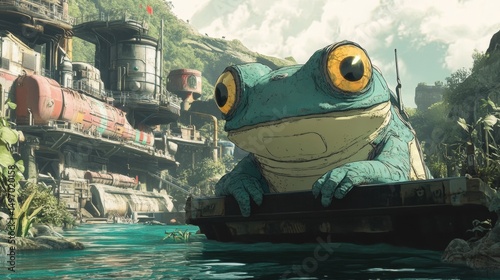 Giant Frog in Small Boat near Industrial River Structure