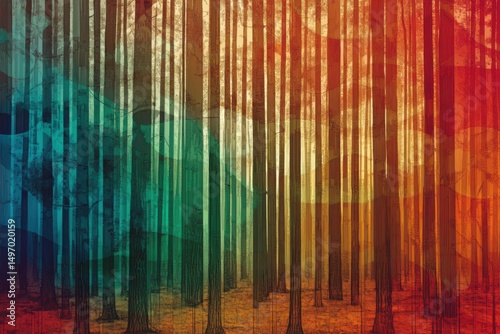 Minimalistic psychedelic forest illustration with vibrant colors