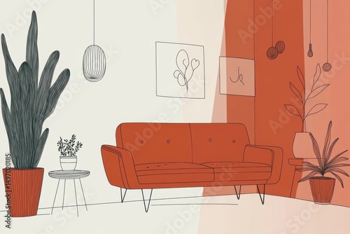 Minimalistic scandinavian living room design with plants and modern furniture