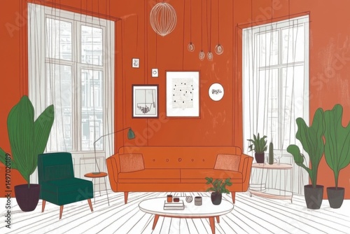Minimalistic scandinavian living room design with warm tones and cozy atmosphere