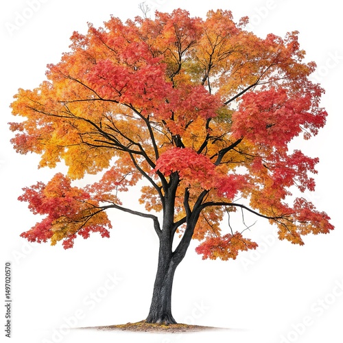 A stunning illustration of a Maple Tree, bursting with vibrant, colorful autumn leaves (reds, oranges, yellows). Perfectly isolated on a white background, this iconic tree is ideal for seasonal design