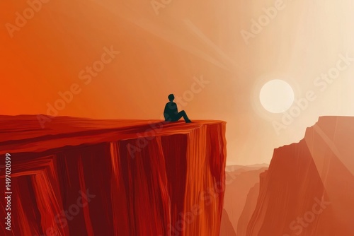 Contemplative moment on a cliff at sunset: minimalistic art illustration