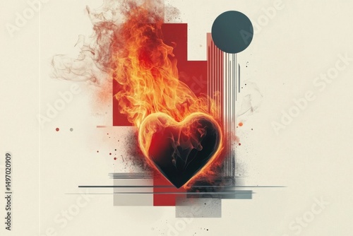 Minimalistic abstract art of a burning heart with geometric elements