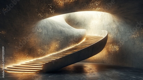 Conceptual public space with sculptural staircase and industrial textures 