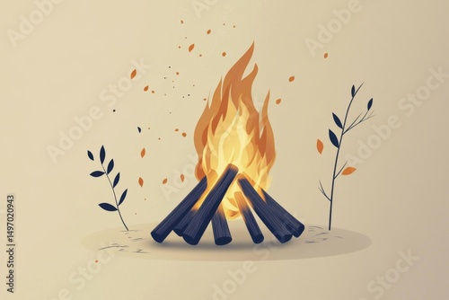 Minimalistic campfire design with leaves for outdoor adventure themes