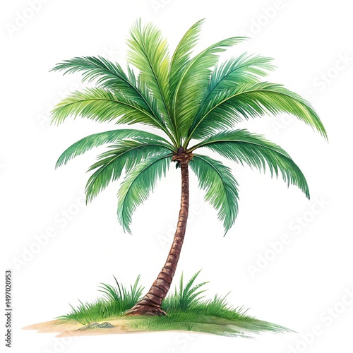 A vibrant illustration of a tropical Palm Tree, with its iconic fronds and slender trunk. Perfectly isolated on a white background, this image is ideal for beach scenes, travel brochures, summer theme