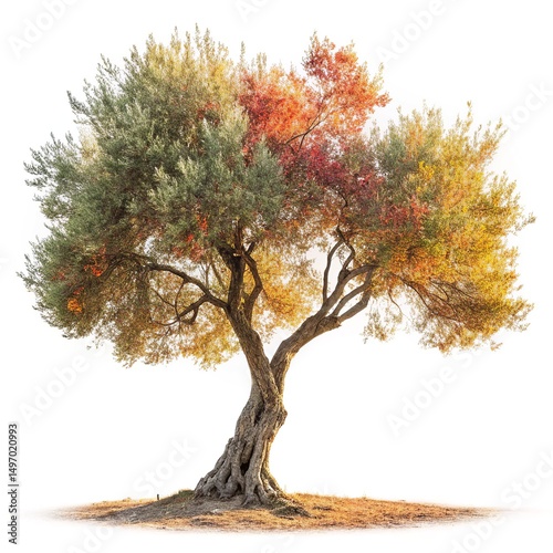 A classic illustration of an Olive Tree, showcasing its gnarled trunk and silver-green colorful leaves. Isolated on a white background, this image is perfect for Mediterranean themes, culinary designs