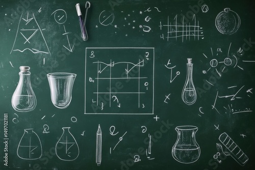 Minimalistic school supplies and science symbols on chalkboard for educational design