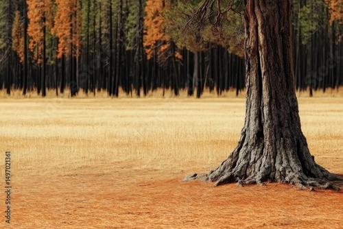 Minimalistic burnt tree landscape in autumn forest for nature art prints