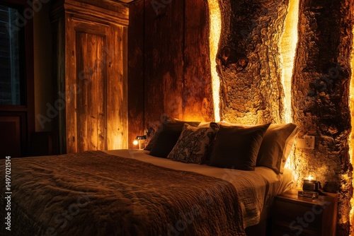 Warm and cozy minimalistic bedroom with ambient lighting