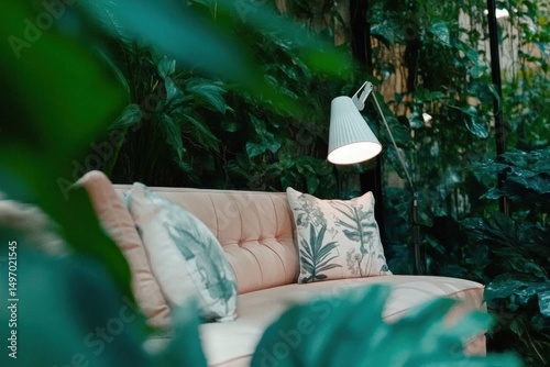 Cozy minimalistic living room with indoor plants and pink sofa for modern interior design