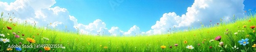 A lush green meadow bursting with wildflowers and tall grasses under a vibrant blue sky  Perfect for illustrating natural beauty, ecology, and environmental themes ,  biodiversity,  wildlife