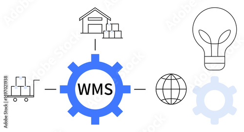 Gear labeled WMS connects a warehouse, cart, globe, and light bulb, symbolizing logistics, efficiency, and innovation. Ideal for supply chain, automation technology storage inventory e-commerce