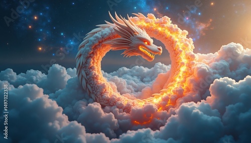 An ethereal dragon made of clouds and light spirals through a sky filled with celestial elements.