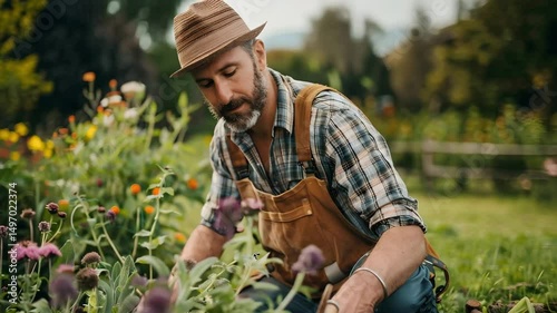 Man wearing hat and plaid shirt gardening colorful flowers in vibrant garden, enjoying peaceful outdoors and nature moments