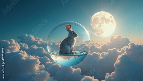 A whimsical rabbit sits in a bubble of water, floating among clouds beneath a luminous moon above.