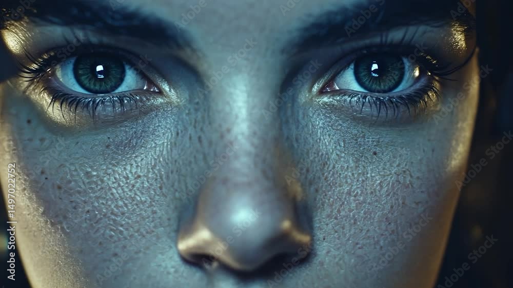 Close-up portrait of a person's face, with intense, focused eyes and textured skin