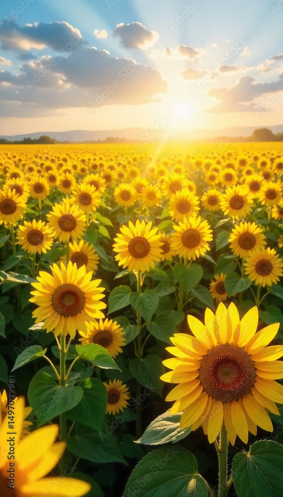 Obraz premium Vast field of vibrant sunflowers basking in golden sunlight, stretching to the horizon A breathtaking display of nature's beauty, perfect for summer themes and idyllic landscapes , sunflower, light