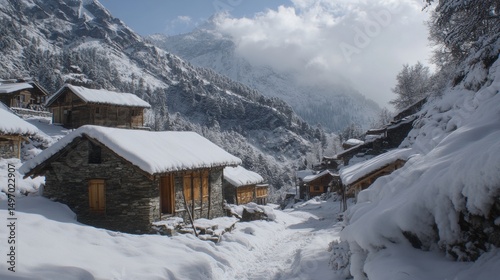 Snow-Covered Mountain Village Featuring Wooden Cottages in a Winter Alpine Landscape