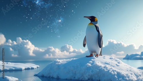 A regal penguin surveys its icy domain beneath a sky softly brushed with ethereal starlight glow.