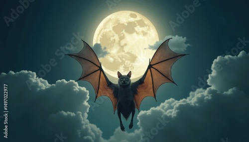 Creature soars through a cloudy night sky, illuminated by the mesmerizing glow of the full moon.