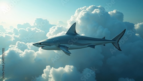 A surreal image presents a sleek shark gracefully swimming through a sea of fluffy white clouds.