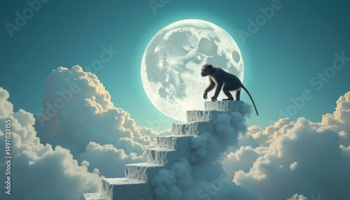 A lone monkey ascends a surreal, cloud-covered staircase towards a giant, luminous moon in the sky.