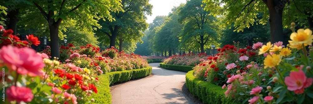 Fototapeta premium Vibrant floral displays and whimsical sculptures adorn a beautifully landscaped park, creating a captivating and enchanting atmosphere for leisurely strolls , day, scenic view, floral