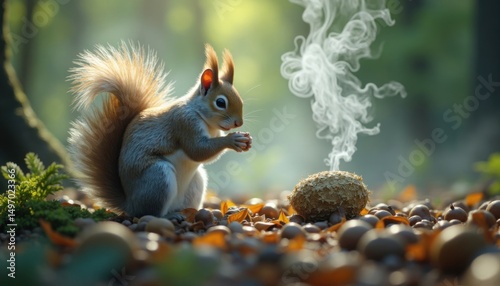 A squirrel sits among acorns, holding a small nut as a strange smoke rises from a round food.