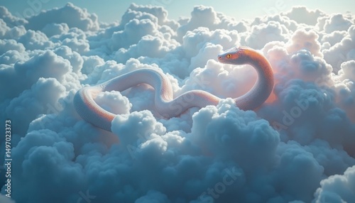 An ethereal serpent gracefully rests upon fluffy white clouds against a soft, luminous sky backdrop