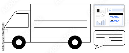 Delivery truck alongside digital dashboard and speech bubble emphasizing real-time tracking, data analysis, and communication flow. Ideal for logistics, supply chain, transportation, delivery