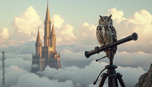 An owl perched atop a telescope observes a distant castle in a realm of clouds, ethereal vibe.