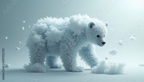 A fluffy, cloud-like polar bear wanders through a dreamlike landscape of floating cloud orbs.