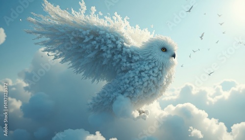An owl made of clouds soars majestically through a vibrant blue sky, surrounded by clouds.