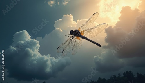 A majestic dragonfly soars amidst dramatic clouds illuminated by the sun's radiant glow at dusk.
