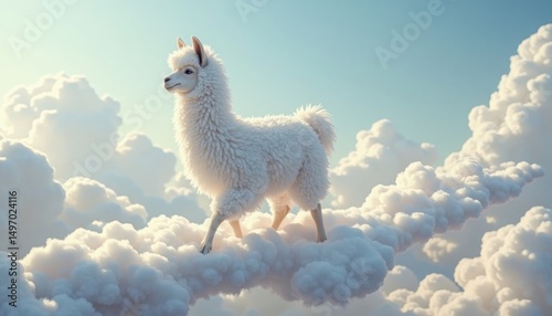 A whimsical depiction of a fluffy white llama gracefully traversing across a fluffy sea of clouds.