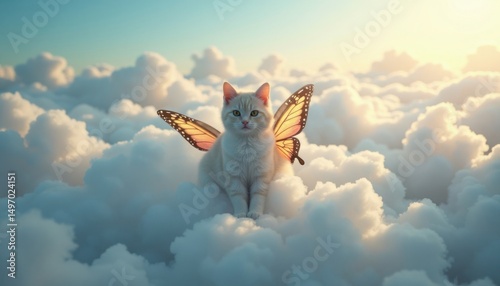 A serene white cat with butterfly wings rests gently among fluffy clouds in a dreamlike sky.