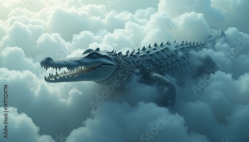A colossal alligator emerges from a sea of fluffy clouds, its scales shimmering faintly.