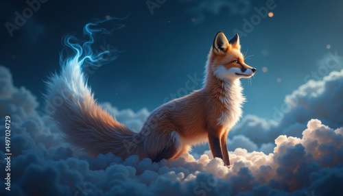 A majestic fox surveys a dreamlike skyscape, the sky a deep blue with swirling clouds underneath it.