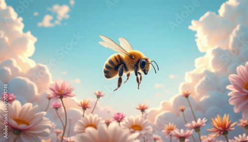 A fluffy bumblebee gracefully floats amidst a pastel field of blooming flowers and puffy clouds.