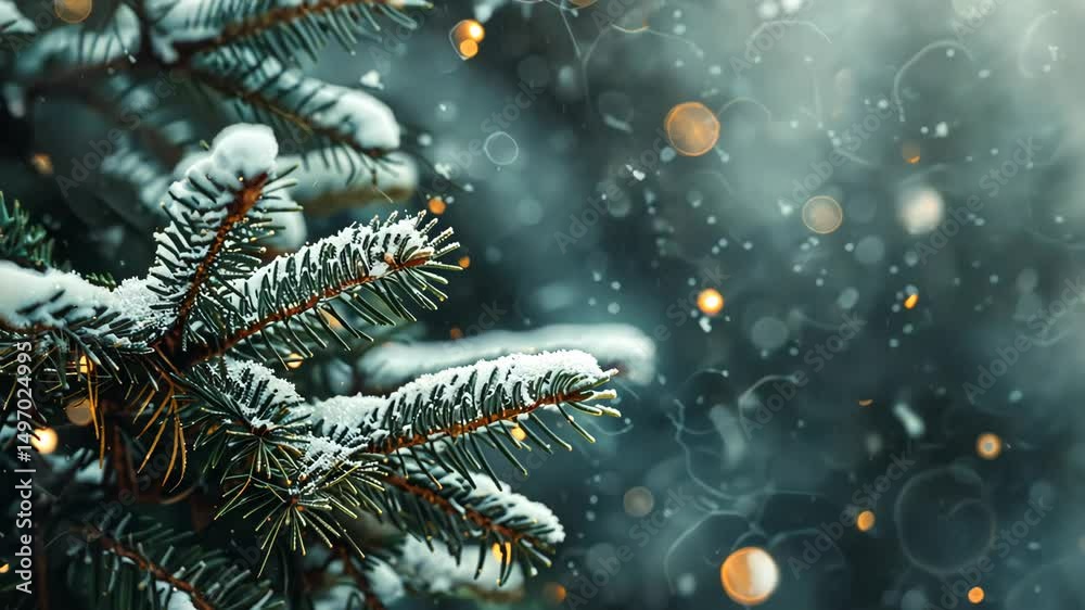 Winter Spruce: A captivating image showcasing the snowy branches of a spruce tree in a winter wonderland with soft bokeh. It evokes a sense of peace and festive anticipation.