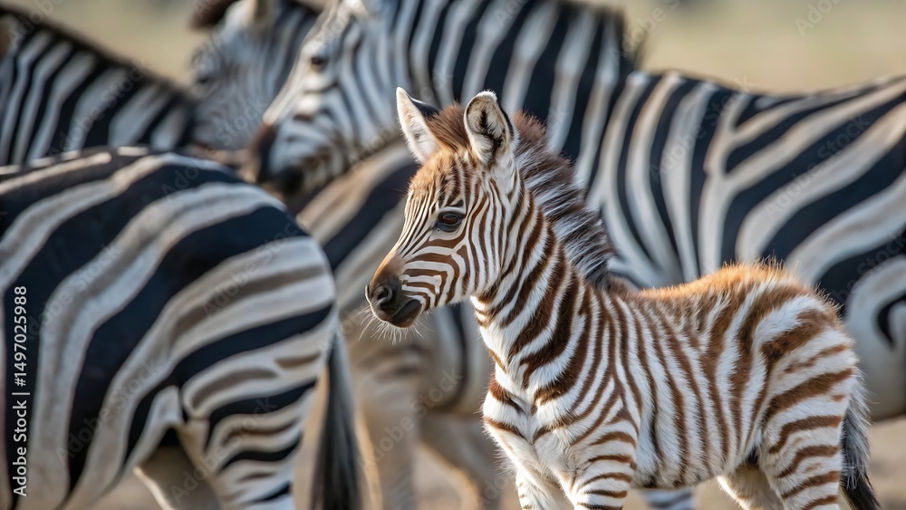 Fototapeta premium A cute little zebra stands in the herd, It's Natural Habitat