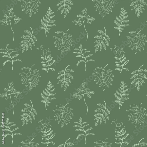 Gentle seamless vector pattern with various outline leaves on olive green background. Hand-drawn.